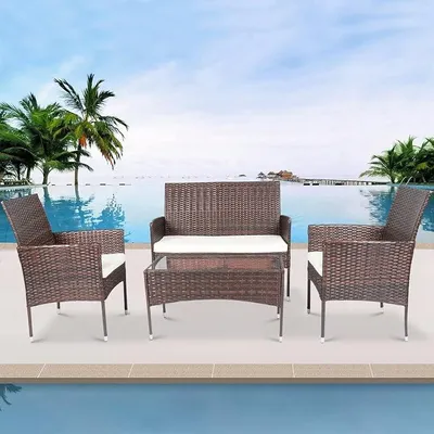 Produktbild von Gartenmöbel Set Rattan Balkonmöbel Lounge-Set Terrassenmöbel | Sitzgruppe Lounge-Set Sofa, Singlestühle, Tisch und Sitzkissen