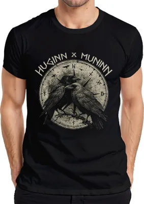 Produktbild von Huginn Muninn Wikinger Raben Odin Vegvisir Runen Gothic Nordisch Herren T-Shirt, Schwarz, 3XL