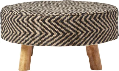 Image de HOMESCAPES Tabouret rond en jute avec pieds en bois – Motif ethnique noir et naturel, 62 x 62 x 30 cm