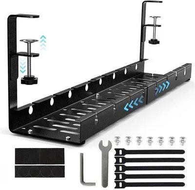 Imagen del producto de Sistema de gestión de cables empotrado para escritorio, modelo 305-55 cm, sin necesidad de taladrar. Canal para cables diseñado para colocarse debajo del escritorio