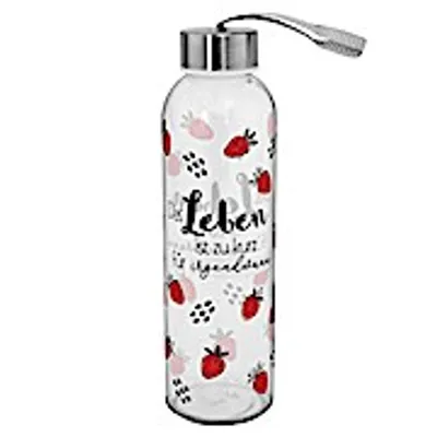 Produktbild von Die Geschenkewelt Erdbeeren und Spruch Leben, Glas, 50 cl, mit Verschluss und Trageschlaufe Trinkflasche: Glasflasche mit Motivdruck