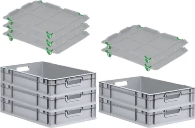 Produktbild von SparSet 5x Eurobox NextGen Economy mit Auflagedeckel und 4x Schiebeschnappverschlüsse Grün | Griffe offen | HxBxT 12x40x60cm | 23 Liter | Eurobehälter, Transportbox, Transportbehälter, Stapelbehälter