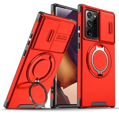Obrázek produktu pro Dvouvrstvé pouzdro pro Samsung Galaxy Note 20 Ultra, s posuvným krytem fotoaparátu a magnetickým kroužkovým stojánkem Červený