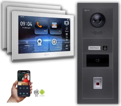 Image de Interphone vidéo Goliath IP 10 pouces avec lecteur d'empreintes digitales et RFID, couleur anthracite : 3 moniteurs : 10 pouces, blanc : boîtier encastré Nombre de moniteurs : 3 moniteurs Couleur du moniteur : 10 pouces, blanc Montage : boîtier encastré