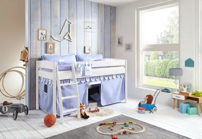 Produktbild von Halbhohes Einzelbett Mischelle Buche massiv Weiß lackiert 90x200 mit Textilset