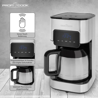 A coffee maker and its features are presented through a collage.