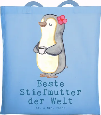 Produktbild von Mr. & Mrs. Panda Schultasche Pinguin Beste Stiefmutter der Welt - Sky Blue - Geschenk, Laptoptasche, Geschenkidee, Shopping Tasche, Einkaufstasche, Mutter, Danke, Mama