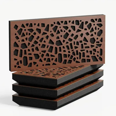 Produktbild von 12er-Set – Schmaler schallabsorbierender Akustik-Diffusionspanel | 25x50cm| Diffusion – Reflexion – Schalldämmung [P32-H- 53mm|Nussbaum]