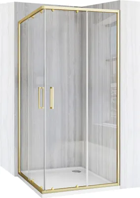 A corner shower cabin with gold-colored frames and clear glass doors, set against a gray tiled wall.