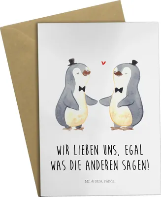 Produktbild von Mr. & Mrs. Panda Grußkarte Pinguine Gay Pride - Weiß - Geschenk, Grußkarten, einladungskarten, Hochzeitskarte, osterkarte, weihnachtskarten, hochzeitskarten, osterkarten