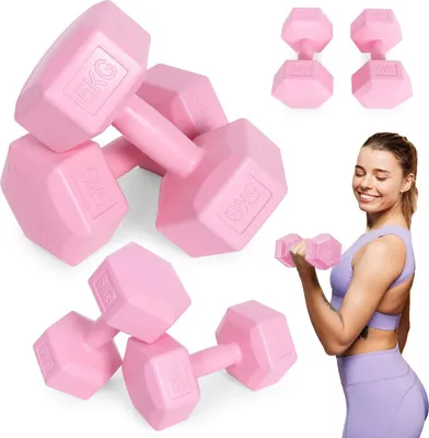 Productafbeelding van Zes paar dumbbells, elk met 2 gewichten van 5 kg, trainingsgewichten, fitnessgewichten, roze, ModernHome