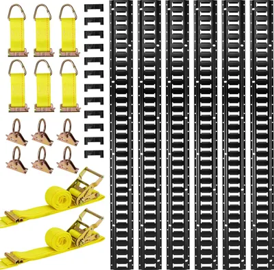 Zdjęcie produktu dla Zestaw szyn mocujących E-Track - 6-pak szyn 1,5 m - Z 2 paskami z zapadką - 6 o-ringów - 6 pasków mocujących D-ring - 12 zaślepek - Do przyczep, samochodów dostawczych, garaży, motocykli