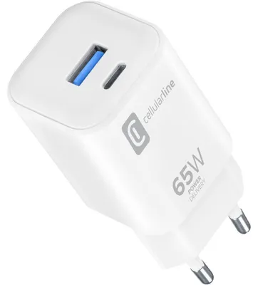 Produktbild von Cellularline Reiselader Dual 65W, weiss 1x USB Type-C und 1x USB Type-A Micropack