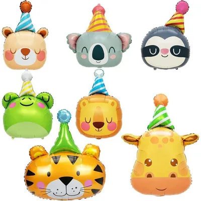 Productafbeelding van 7 stuks folieballonnen in de vorm van dierenkoppen, extra groot, jungle dieren, set voor verjaardagsdecoratie