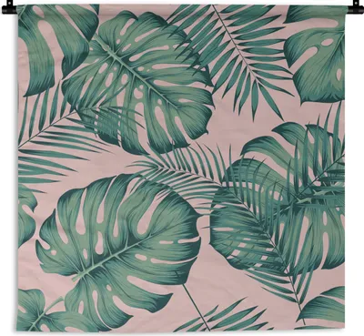 Produktbild von MuchoWow® Wandteppich Wandbehang Blätter - Rosa - Muster - Mädchen - Kinder - Grün - Kind 120x120 cm Tapisserie Dekoration Wandtuch - Modern - Baumwollgewebe