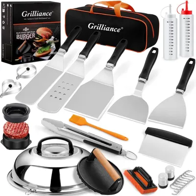 Image de Ensemble de 27 pièces d'ustensiles de barbecue en acier inoxydable, idéal pour les plaques de cuisson Teppanyaki et Plancha, comprenant une presse à burgers et un moule à galettes, ainsi que des accessoires pour barbecues Blackstone