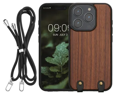 Produktbild von kwmobile Necklace Case kompatibel mit Apple iPhone 15 Pro Hülle - Holz TPU Cover mit Handykette - Band Handyhülle Dunkelbraun