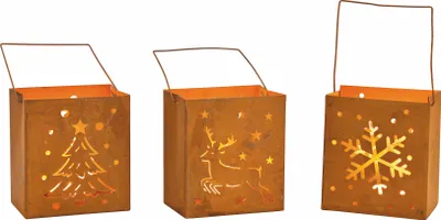 Produktbild von Windlicht in Rost Optik 3er - WEIHNACHTEN - Tanne, Hirsch, Schneeflocke