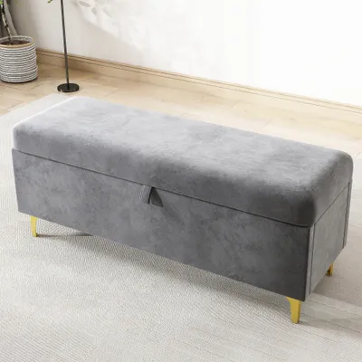 Imagen del producto de Banco tapizado, banco con asiento acolchado, otomana, banco con espacio de almacenamiento, caja de almacenamiento, color gris, terciopelo, 119 x 42.5 x 48 cm, gris