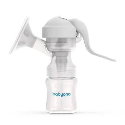 A white manual breast pump with a clear bottle, shown against a white background.