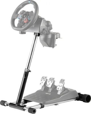 A racing wheel stand with pedals and a steering wheel attached, shown against a white background.