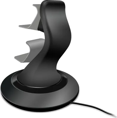 A black charging stand for game controllers.