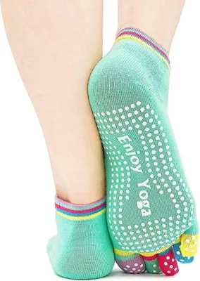 Zdjęcie produktu dla Jumada's – skarpety do jogi/pilatesu – antypoślizgowe – miętowo-zielone z kolorowymi palcami – rozmiar 36–40