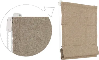A close-up view of a Roman blind and a full view of the blind.