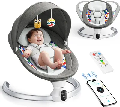Image de Transat électrique pour bébé - Berceau - Application et télécommande - Harnais à 5 points - 3 minuteries - Jusqu'à 10 kg - 0 à 12 mois - Gris foncé