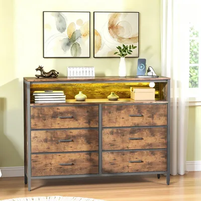 Image de Commode ALIGHTUP avec 6 tiroirs en tissu, compartiment ouvert, 2 ports USB 1 Type-C et 2 ports AC, pour chambre à coucher, salon, 114,5 x 30 x 87,5 cm