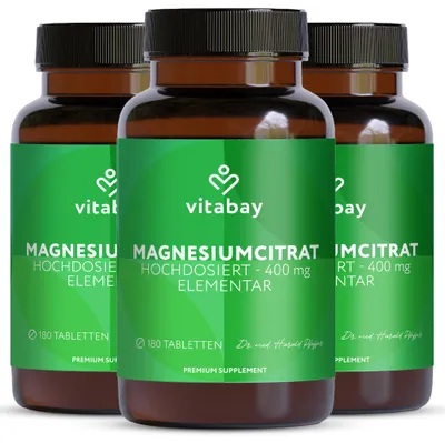 Produktbild von Vitabay Magnesiumcitrat hochdosiert – 540 vegane Tabletten – 400 mg elementares Magnesium pro Tagesdosis – für Muskeln, Nervensystem & weniger Müdigkeit – labor in Deutschland – 3er Bundle
