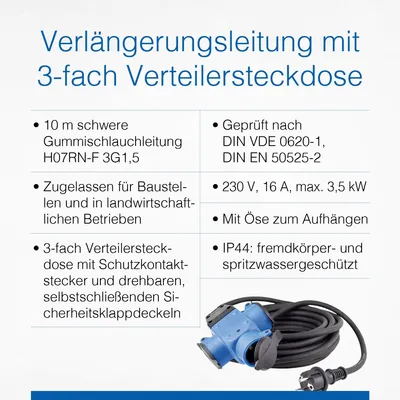 Produktbild von as - Schwabe 3-Fach Gummi-Verteiler 230V/16A 10m Leitung H07RN-F 3G1.5 IP44