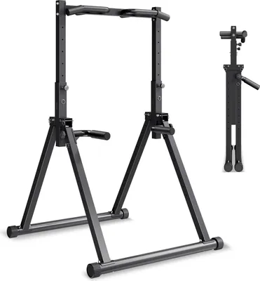 Obrázek produktu pro Stanice pro kliky a dipy – skládací posilovací věž – nosnost 150 kg – 9stupňové nastavení výšky – stabilní trojúhelníková konstrukce – robustní ocelová trubka – pro trénink paží a zad – černá barva