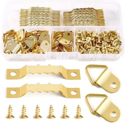 Produktbild von 100 Stück Fotohaken-Set, Dreieckiger Rahmen, mit 150 Schrauben, Gold, für Bilder und Kunstwerke