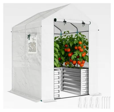 Produktbild von Tomatengewächshaus Foliengewächshaus mit Hochbeet, Rolltor, Fenster und Schrägdach 141 x 141 x 190 cm, stabiles Treibhaus mit PE-Folie für Garten, Balkon, Terrasse in Weiß