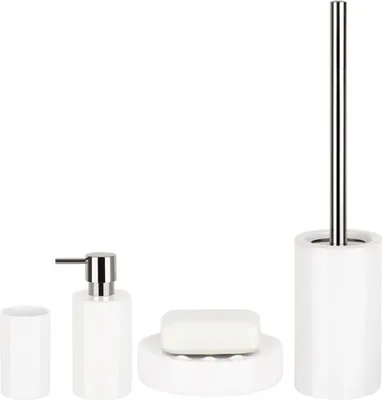 Produktbild von Spirella Badezimmer Set, 4-teiliges Badzubehör aus Porzellan Tube Seifenspender, Seifenschale, WC Bürste und Zahnputzbecher Weiß