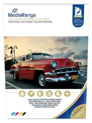 Produktbild von MediaRange MRINK109, Hoch-Glanz, 200 g/m², Tintenstrahl, A3, Weiß, 50 Blätter