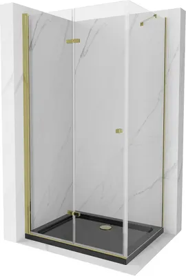 Produktbild von Mexen Lima klappbare Duschkabine 80 x 100 cm, Transparent, Gold + Duschwanne Flat, Schwarz - 856-080-100-50-00-4070G