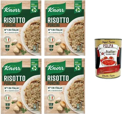 Produktbild von Knorr Risotto Ai Funghi Porcini,fertiges Risotto mit natürlichen Zutaten,100% italienischem Reis und Chicci al Dente, zubereitet in der Pfanne oder in der Mikrowelle,4x175 g+Italian Gourmet polpa 400g