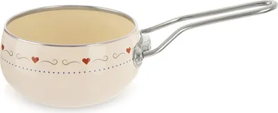 A cream-colored saucepan with a decorative heart pattern and a silver handle, isolated on a white background.