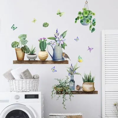 Produktbild von Unyqoos® Selbstklebender Vinyl-Wandsticker mit grünen Topfpflanzen & Schmetterlingen – Wohnzimmer & Schlafzimmer, ungiftig, rückstandsfrei