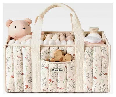 Produktbild von Wickeltisch-Organizer, Wickelkorb für die Wickelstation, Stilvoller Organizer für Babybedarf, Geschenk zur Geburt und für die Baby-Wunschliste, Blumenbeige