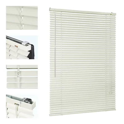 A cream-colored aluminum venetian blind is shown against a white background, with close-up insets detailing its construction and mounting.