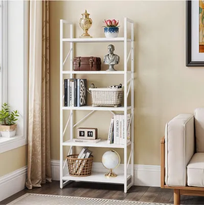 Produktbild von Bücherregal 5 Ebenen, Standregal Freistehend, Holzregal mit Stahlrahmen, 60x30x158cm, Weiß