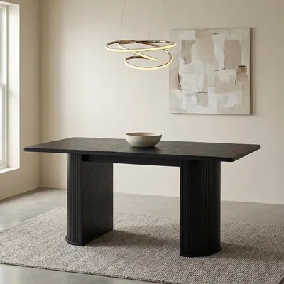 Produktbild von Esstisch GUARDA 180 x 90 cm, Schwarz MDF - Rechteckiger Esszimmertisch mit Designfuß in Lamellenoptik, moderner Küchentisch für 6-8 Personen elegant
