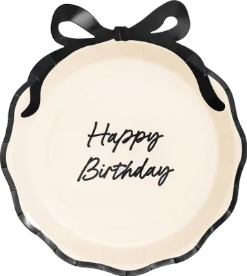 Pappteller Happy Birthday 24cm mit Schleife 6er Set Ivory Schwarz