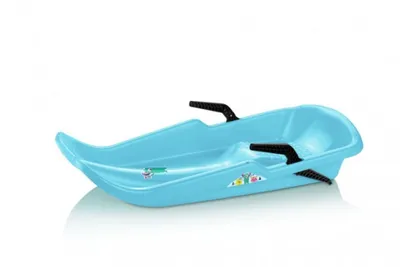 A blue plastic sled with black handles on a white background.