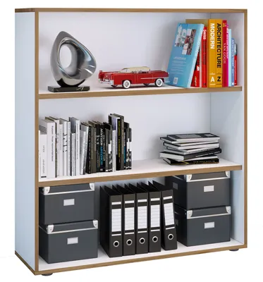 Zdjęcie produktu dla Drewniana półka stojąca | przestrzenna szafka na dokumenty | Wymiary ok. H. 110 x W. 100 x D. 33 cm | Elegancka półka | Półka biurowa – Salia 3x W. 100 cm