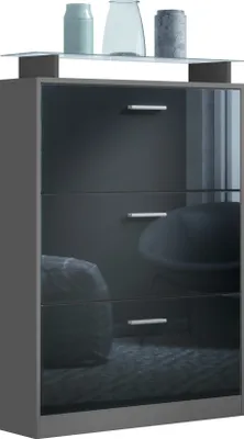 Produktbild von Vladon Schuhschrank Lavia, Schuhkipper für 24 Paar Schuhe mit 3 Klappen und Glasablage, Anthrazit matt/Schwarz Hochglanz (89 x 128 x 23 cm)