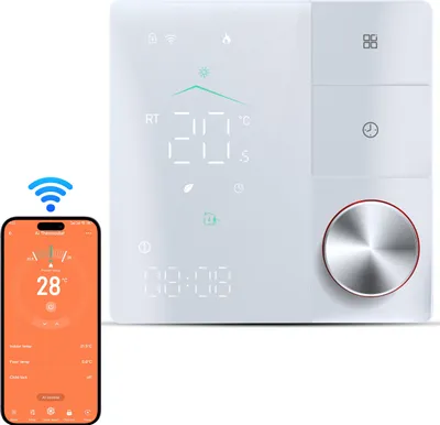 A smart thermostat and a smartphone displaying its app interface are shown against a white background.